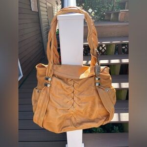 B. Makowsky Cognac Leather Braided Handle Tote Bag